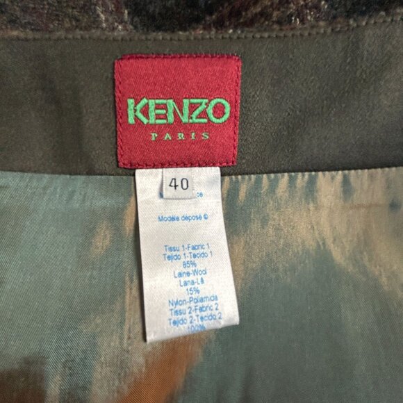 Kenzo Paris Womens Taupe Plaid Wool Blend Skirt Size 40 Flower Embossed Lined - Picture 3 of 10